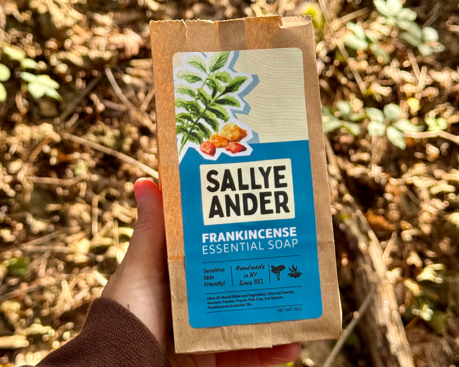 A hand holding a kraft paper box of SallyAnder Frankincense Essential Soap against a blurred outdoor forest background.